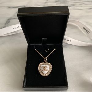 Vintage CC stamped white heart crystal necklace